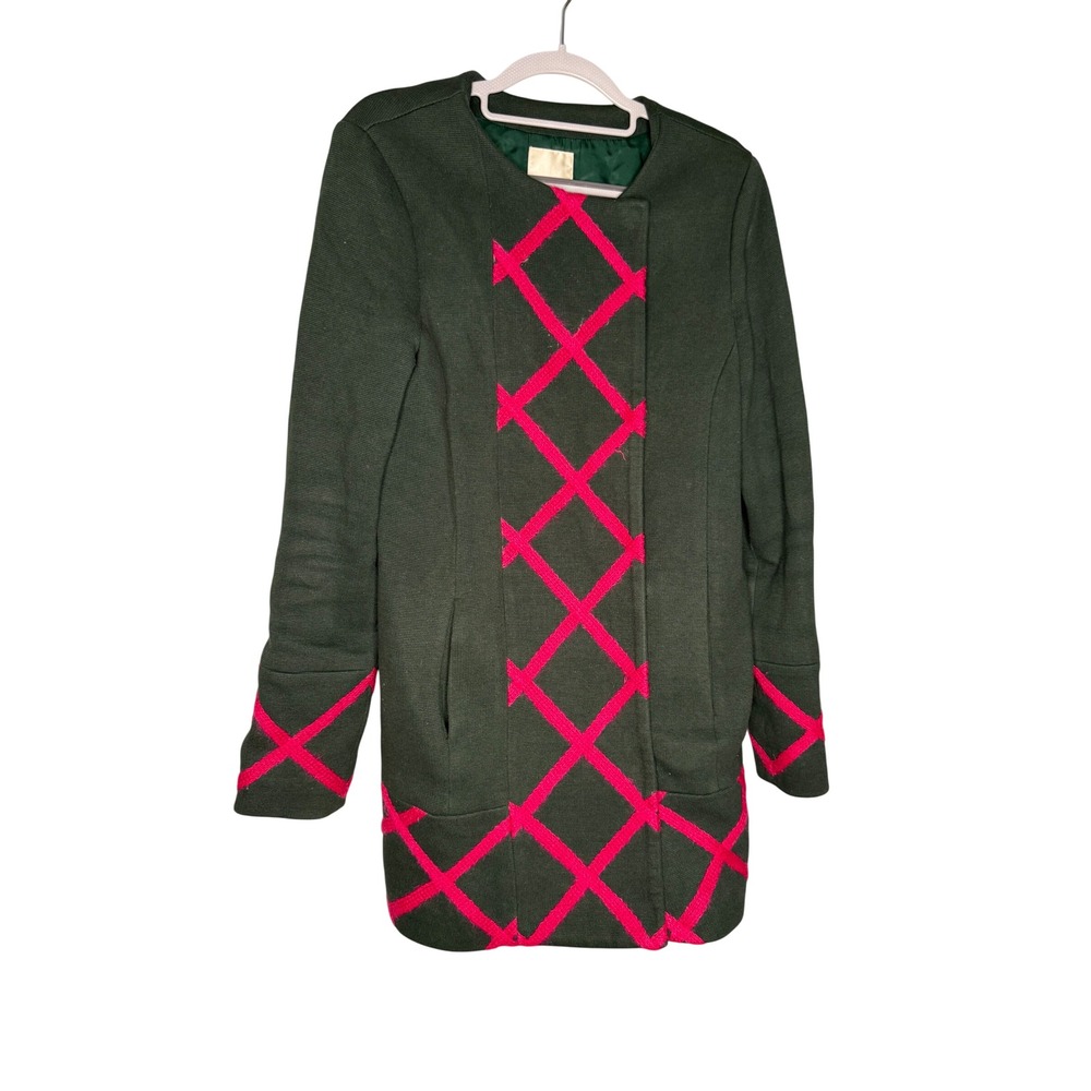Elevenses Anthropologie Green Pink Lattice Embroidered Knit Coat Jacket Size 8